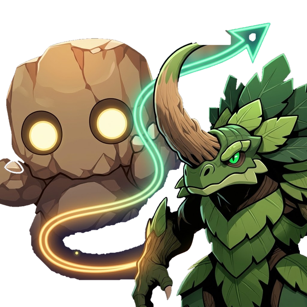 Stone golem and leaf dragon with a glowing trail